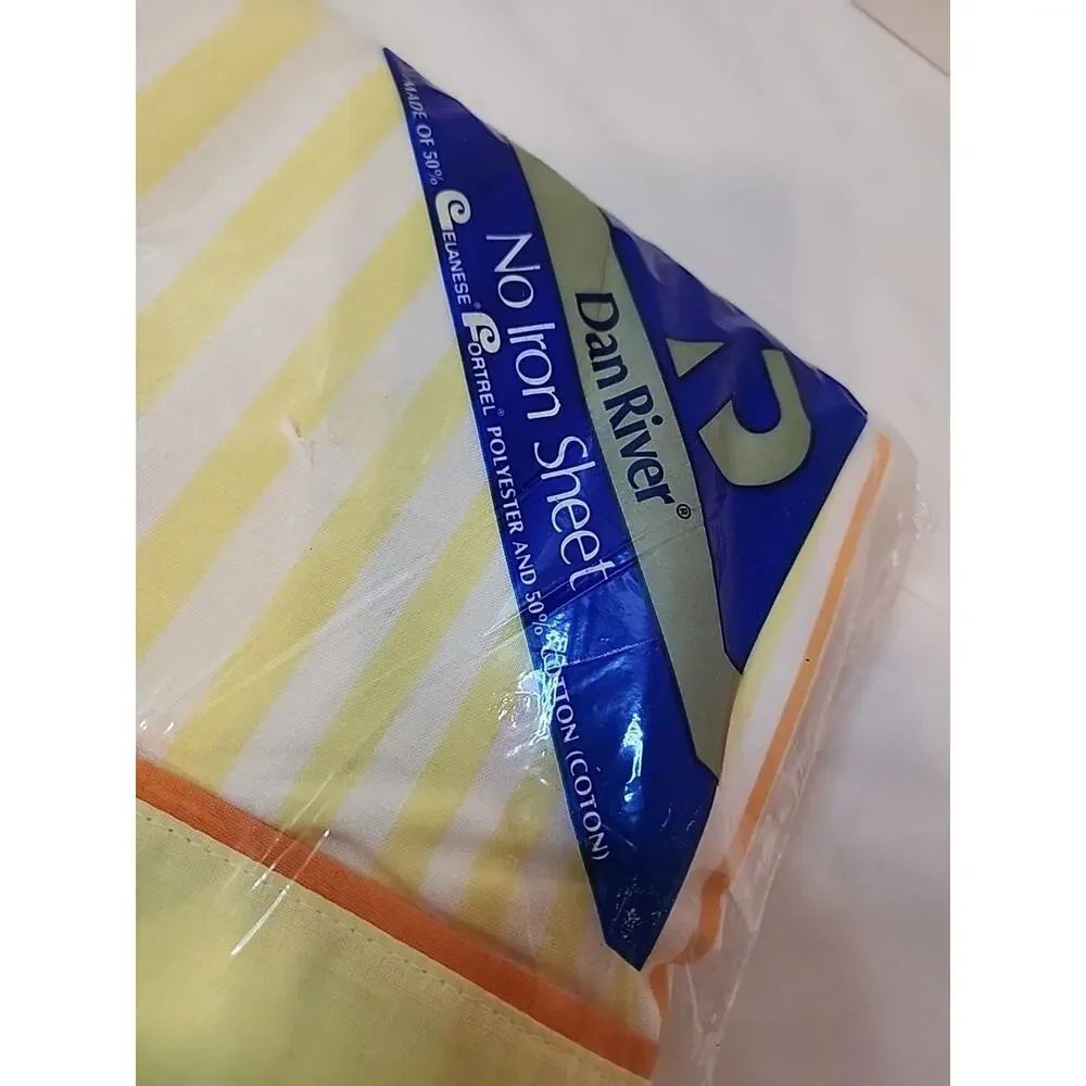 Vintage Dan River Dantrel Twin Flat Fitted Sheets Yellow Orange Striped No Iron
